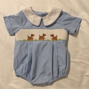 Blue Gingham Kids One Piece with Dog Embroidery